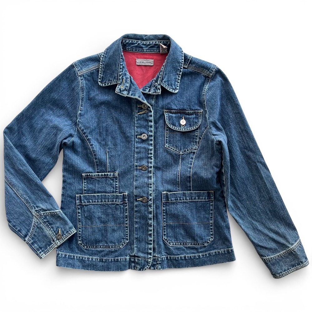 i.e. relaxed Womens Medium Wash Cinch Back Button Front Denim Trucker Jacket Y2K